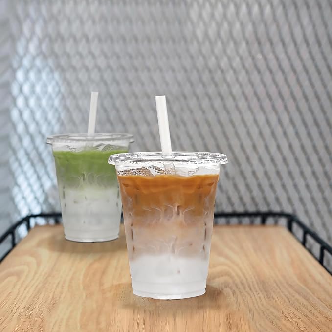 TashiBox[100 sets 12 oz plastic cups with lids and straws disposable, lemonade stand supplies,coffee essentials,smoothie cups