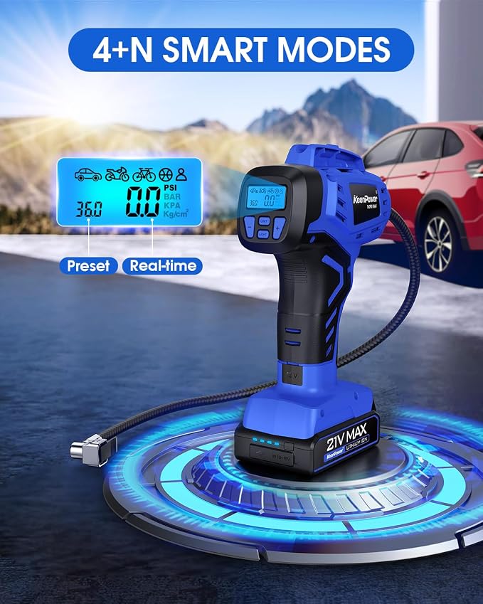 KeenPower Smart Cordless Tire Inflator Portable Air Compressor Rechargeable 21V Battery Powered 160PSI Handheld Air Pump w/4+N Smart Modes & Dual Power & Digital Pressure Gauge for Cars Motorcycles