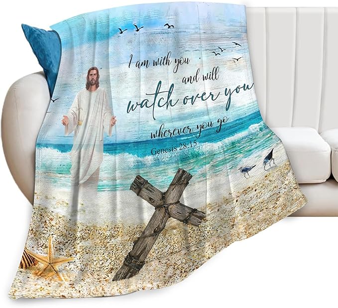 Tijuboni Christian Religious Jesus Throw Blanket Ocean Beach Gifts for Women Men Girls Boys Kids Adults Soft Flannel Fleece Blanket for Couch Sofa Bed Home Decor 60"x80"