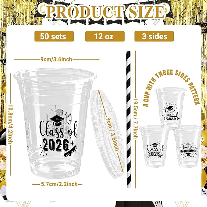 50 Pack Graduation Plastic Cups with Lids Straws 12 oz Black Disposable Class of 2026 Decorations Graduation Party Favor Drinking Beverage Cup for Party Supplies Decorations
