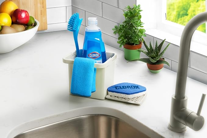 CLOROX KeptClean Kitchen Sink Organizer – Space-Saving Organization of Dish Soap, Scrub Brushes, and Dish Towels, Fold-Down Shelf for Sponges and Jewelry, Drainage Tray – Almond Cream