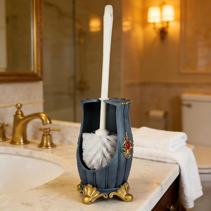 Vintage Toilet Brush Holder Set for Bathroom, Baroque Stylish Toilet Cleaning Brush and Holder with Wide-Mouth Storage Heavy Solid Base (Blue & Gold)