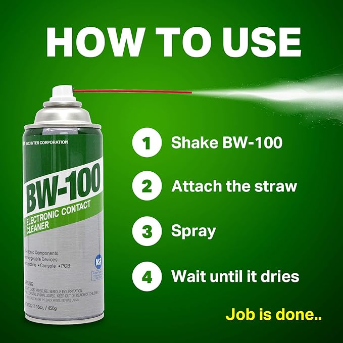 BW-100 Non-Flammable Electronic Contact Cleaner Aerosol Spray- Safely Cleans Joycons, Computers, PCB, and More - Removes dust, dirt and contaminants on contacts - Quick Dry| 16oz/450g