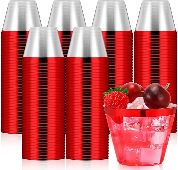100 Pcs Red Rimmed Plastic Cups, 9 oz Disposable Wine Glasses, Elegant Cocktail Cup, Hard Plastic Drinking Cup, Clear Party Cups for Wedding, Birthday, Family Gatherings, Holiday