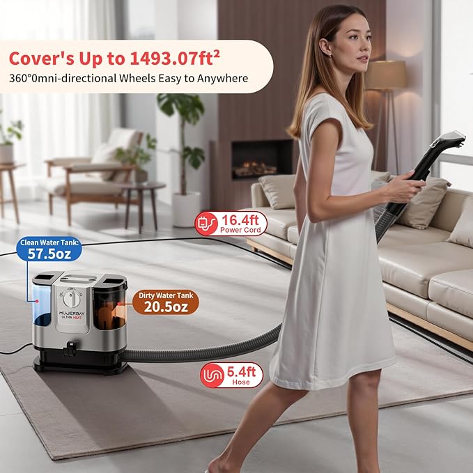 Upholstery Carpet Cleaner, MUJERBAY UltraHeat 12Kpa Portable Spot & Stain, Move with Universal Wheels & Handle, 1.18-inch Deep Cleaning Machine for Couch, Stairs, Car & Pet Messes.Silvery Black
