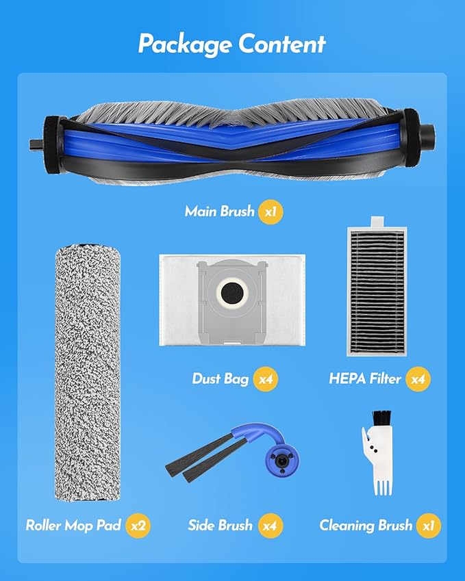 X9 Pro Omni Accessories kit Compatible with ECOVACS DEEBOT T80S Omni/X9 Pro Omni/Yeedi S16 Plus Vacuum, Replacement Parts: 1 Main Brush, 4 Side Brush, 4 Filter, 2 Mop Roller(No X9S PRO/No T80 Omni)