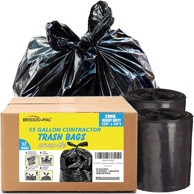 BEIDOU-PAC Contractor Heavy Duty Trash Bags 55 Gallon | 52 Count | 2 MIL | 36" X 56" | Large Black Flap Tie Construction Garbage Bags for Business Home Commercial, Industrial, Storage, Outdoor