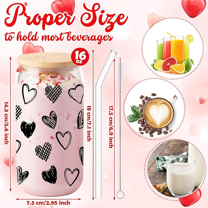Sliner 2 Pcs Heart Glass Cups Iced Coffee Tumbler with Lid Straw 16 oz Drinking Glasses Cute Beer Can Tumbler Holiday Gifts for Home Office Decorations