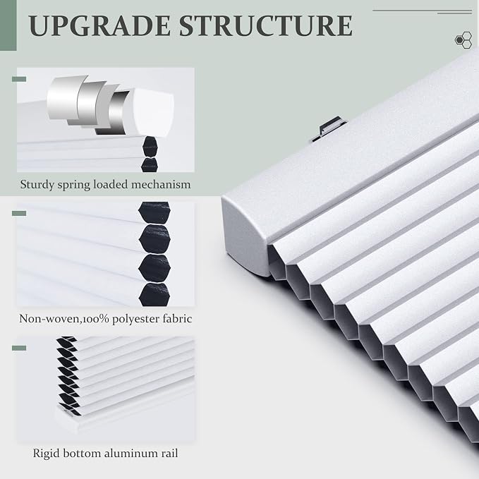 Cellular Shades, Blackout Blinds, Cordless Honeycomb Blinds for Windows, Room Darkening, Pleated Window Shades for Bedroom, Home, Dining Room, Office, Kitchen, 24" W X 64" H, White