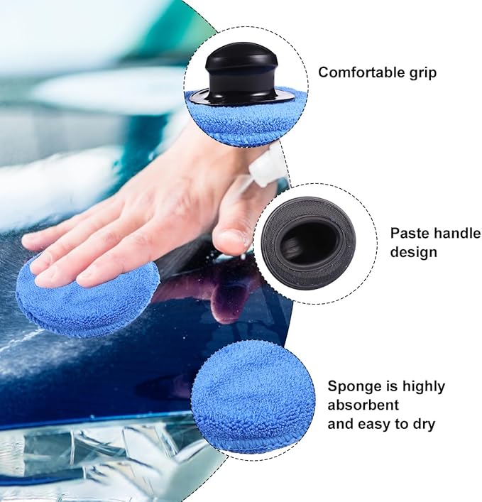 Garneck 7pcs Car Wax Applicator Pads Kit with 1pcs Handle 5'' Microfiber Soft Foam Waxing Pad with Grip Handle for Car Furniture Glass Boat Polishing Sanding Cleaning Blue