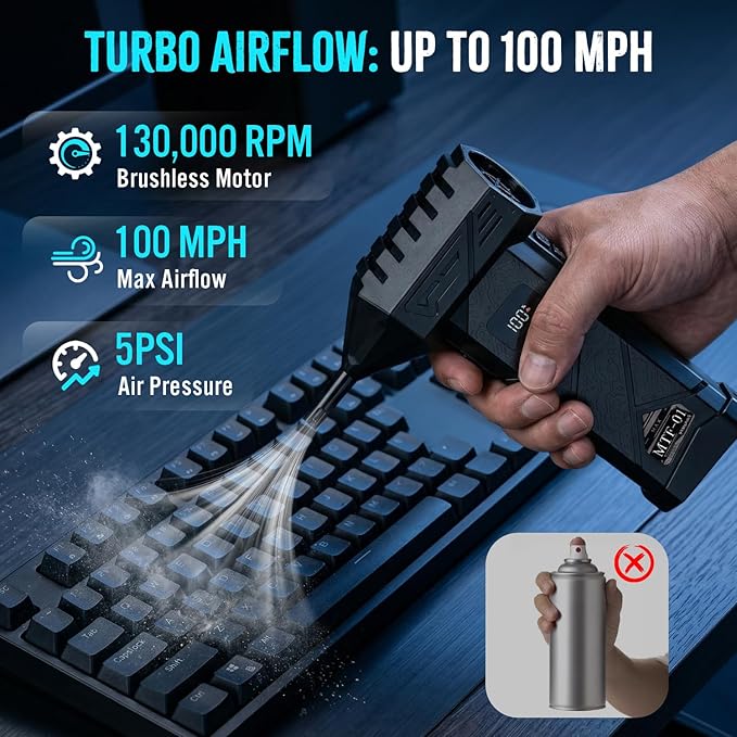 MTOX Compressed Air Duster, 150,000 RPM & 2 Spare Batteries, 2-in-1 Cordless Blower & Vacuum with LED Light, Rechargeable Electric Cleaner for Keyboard, PC Tower, Car (Deep Gray)