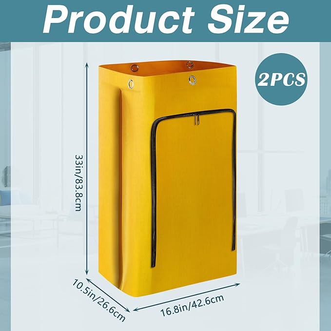 Meanplan 2 Pack Cleaning Cart Bag Zippered Front Replacement Janitorial Cart Thick Bag Large Capacity Commercial Cleaning Bags for Housekeeping Carts, Yellow (33 x 16.8 x 10.5 Inch)