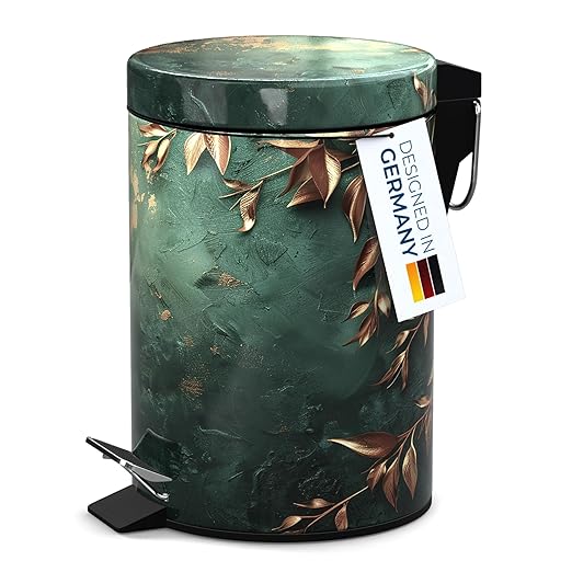 Sanilo Small Bathroom Trash Can with Lid [1.3 Gallon] - Lidded Tiny Trashcan for Garbage - Mini Metal Bin with Soft Closing Mechanism - Bath Room Accessoire Wastebin with Inner Bucket (Greego)