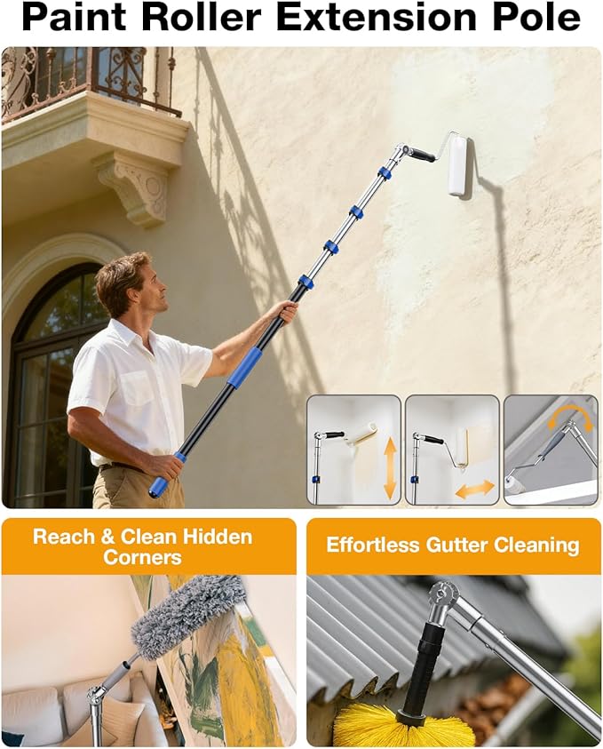 Telescoping Pole, 7-30 Ft with Joint Angle & Squeegee Adaptor, Aluminum Telescopic Paint Roller Extension Pole & Extendable Pole, Anti-Slip Foam Grip, Multi-Purpose Gutter Window Dust Cleaning Pole