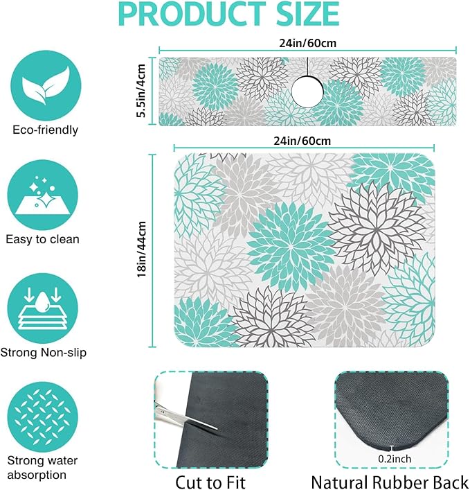 Dish Drying Mat for Kitchen Counter Matt, 2PCS 24"x18" Dish Drainer Mat & 24"x5.5" Sink Splash Guard, Super Absorbent Non-slip Rubber Backed