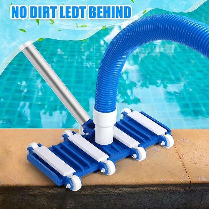 3 Pcs Pool Vacuum Kits Include 14" Vacuum Head with 47" Adjustable Pole with 1-1/2" x 18ft Long Hoses Flexible Head with Wheels for Above Ground Inground Pond Spa Hot Tub