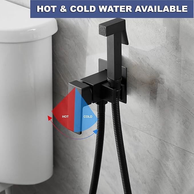 Warm Water Bidet Sprayer Faucet for Toilet with Hot and Cold Brass Valve, Stainless Steel Square Handheld Bidet Attachment Set, Wall Mounted, Matte Black