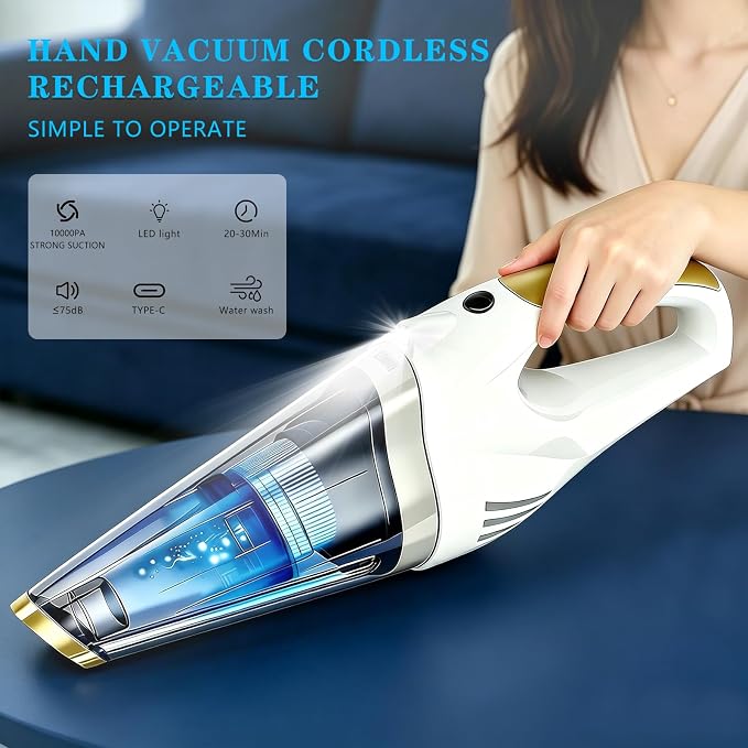 Handheld Vacuum Cordless Rechargeable, Portable Car Vacuum Cleaner | Strong Suction Hand Vacuum with LED Light, Washable Filters and Attachments for Car, Pet Hair, Home and Office