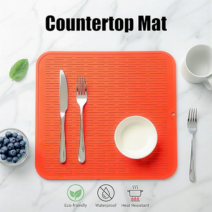 MicoYang Silicone Dish Drying Mat for Multiple Usage,Easy clean,Eco-friendly,Heat-resistant Silicone Mat for Kitchen Counter or Sink,Refrigerator or Drawer Liner Orange XL 18 inches x 16 inches