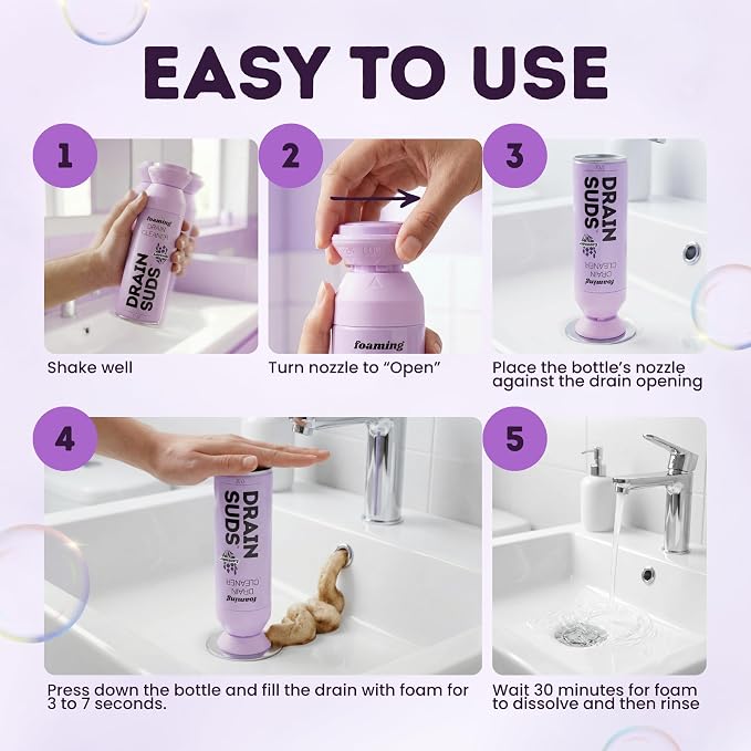 SonicPower Foaming Drain Cleaner, Foam Sink Cleaner and Deodorizer, Drain Clog Remover for Kitchen Sinks, Bathrooms, Garbage Disposals, Shower Drains, Tubs, Washbasin (Lavender (1 Pack))