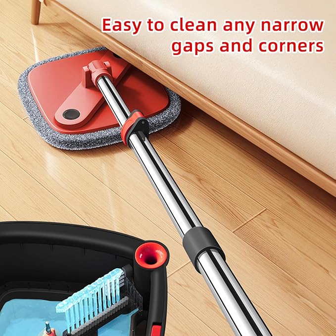 Spin Mop and Bucket Set with Self Separation Dirty and Clean Water System with 14 Pads, Square Mop Bucket Self Wringing 360° Rotating Clean Mop-Head for Hardwood Tile Marble Floors (Black+Red