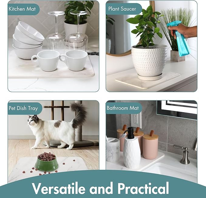 Quick Drying 30s Water Absorbing Stone Tray For Sink, Stone Dish Drying Mat For Kitchen Counter, Diatomaceous Earth Stone Drying Pad, Non Slip Kitchen Mat For Dishes, Marble Pattern, 11.8 X 15.7 Inch