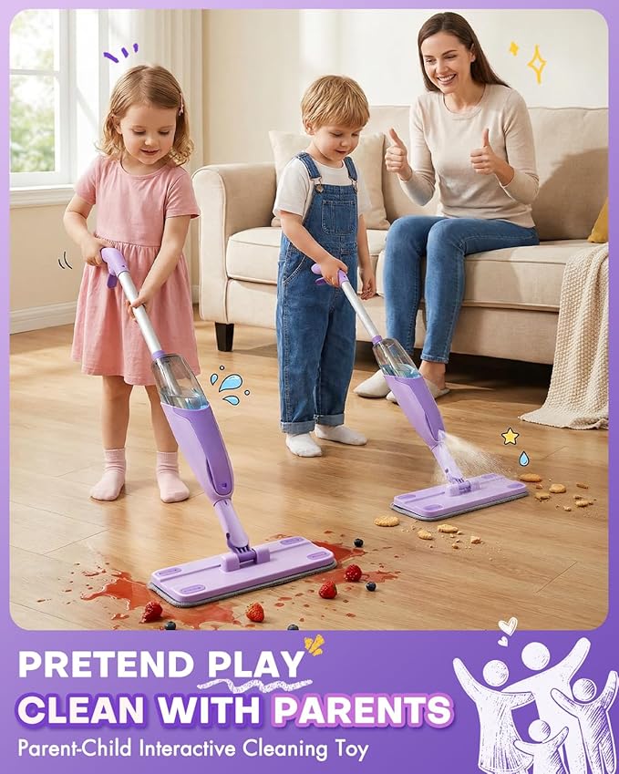 Purple Mini Spray Mop for Toddler-Montessori Cleaning Toy that Real Spray Water,Pretend Playhouse Essentials for Girls Ages 3-8,Toddler Educational Housekeeping Set