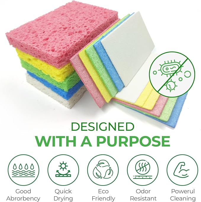 AIRNEX Biodegradable Scrubbing Pads for Dishes - Pack of 24 Coconut Fiber Scrub Pads for Dishes - Non Scratch Scouring Pads for Pots and Pans with Pack of 16 Cellulose Compressed Sponges