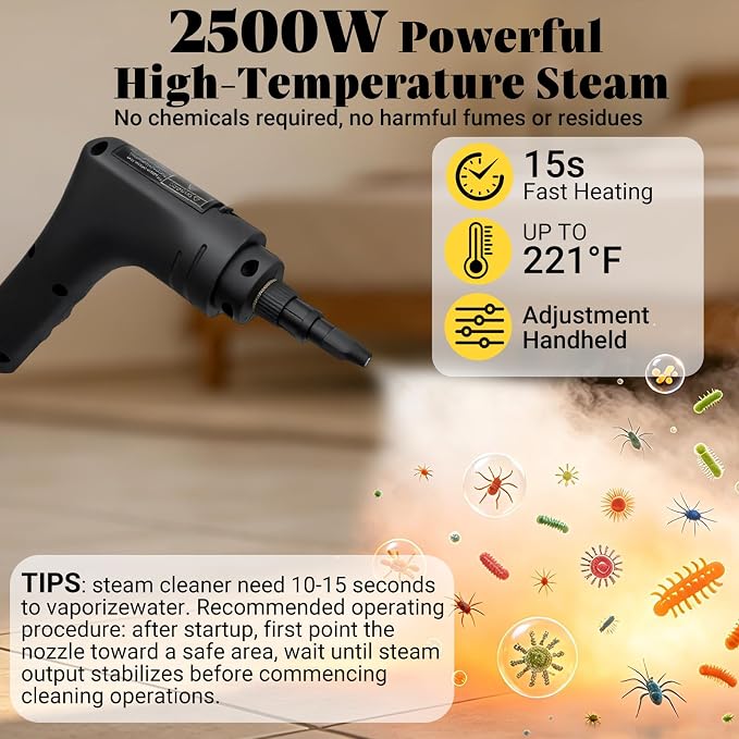 Steam Cleaner, 2500W Portable Handheld Steamer for Cleaning, Large Capacity Tank Pressurized Steam Cleaning Machine for Home, Car, Bathroom, Kitchen, Furniture, Grout, Floor, Tile (Yellow)