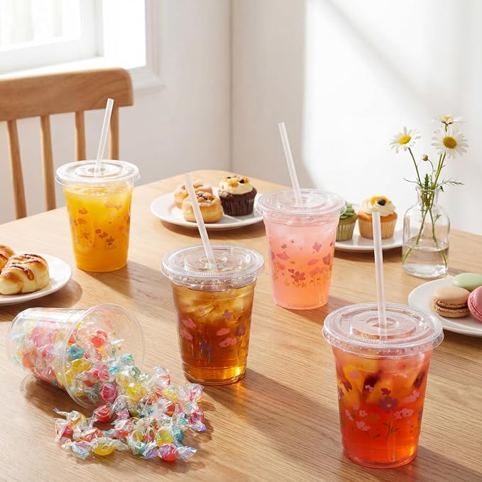 Vesici 100 Pcs Floral Plastic Cups 12 oz Floral Botanical Clear Spring Disposable Cups with Lid and Straws for Spring Summer Birthday Wedding Bridal Baby Shower Party Supplies(Butterfly)
