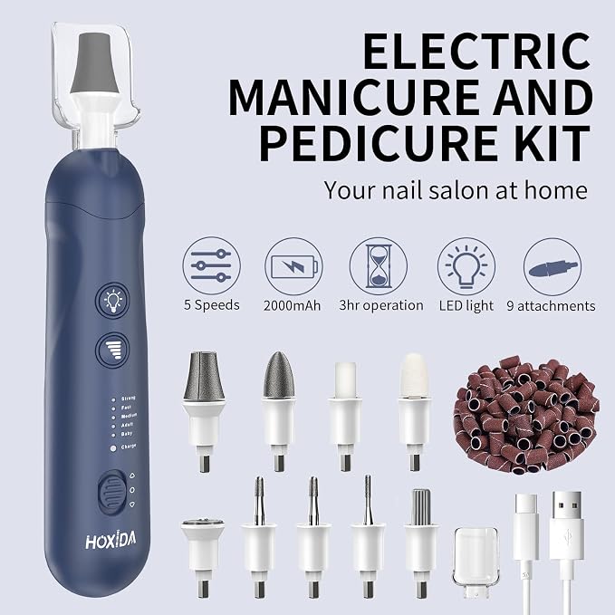 Manicure Pedicure Kit with Case, Professional Nail Grinder for Senior Thick Toenail, Cordless Electric Nail File, 5 Speeds Pedicure Tools for feet Callus Remover (Navy Blue)
