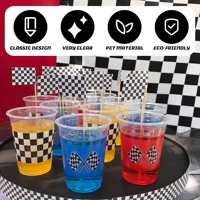 Dandat 100 Pack Race Car Party Plastic Cups 12 oz Blue Red Yellow Checkered Flag Disposable Clear Drinking Cups for If You Ain't First You're Last Birthday Fast One Party Supplies Favors