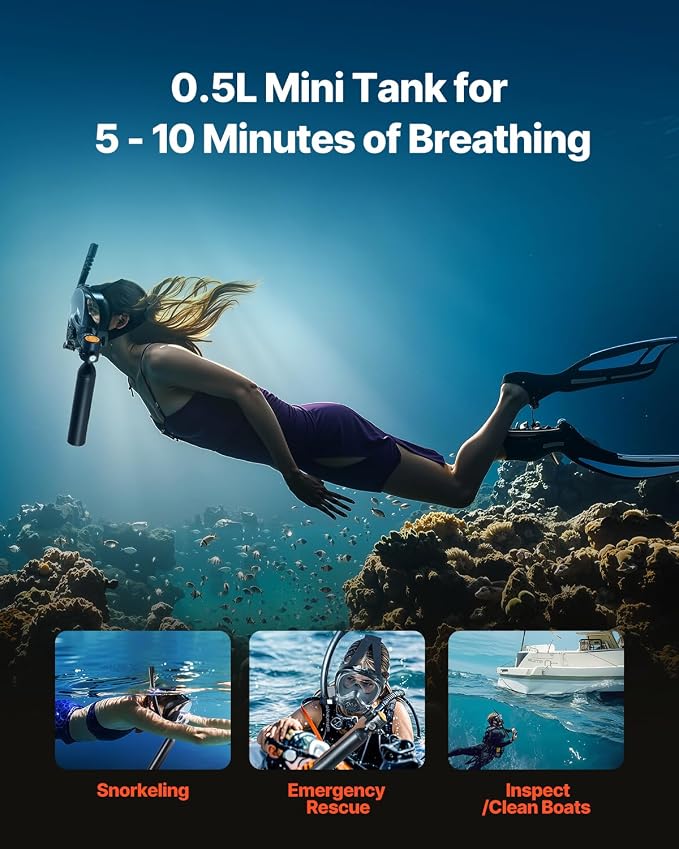 VEVOR Scuba Tank, 0.5L Portable Scuba Diving Tank, Diving Oxygen Cylinder Supports 5-10 Minutes Underwater Breathing, 98.43 ft Diving Depth, Lung Tank Kit with Snorkel Mask for Underwater Exploration