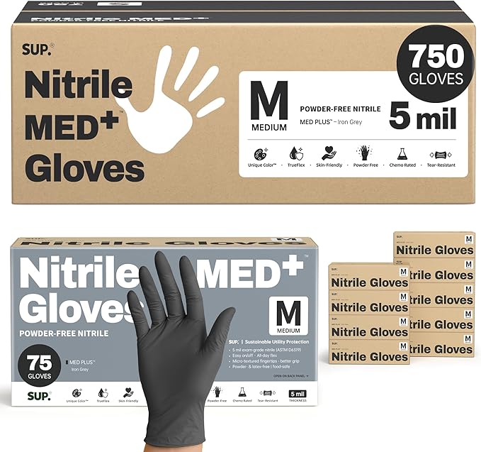 SUP Disposable Nitrile Exam Gloves, 5 Mil Powder-Free Latex-Free Food Safe for Medical Cooking Prep Cleaning, Black 750 Count