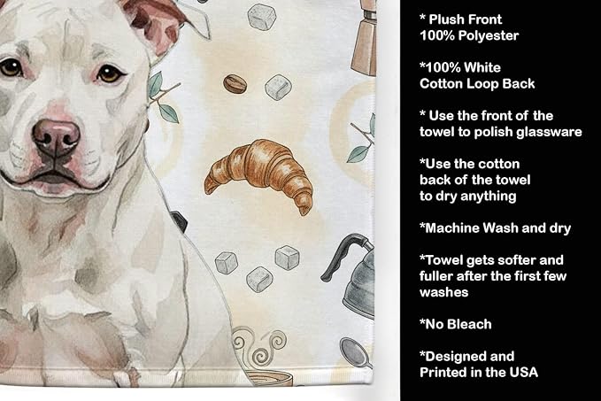 Caroline's Treasures White Staffordshire Bull Terrier Coffee Bar Kitchen Towel Velour Plush Front and Cotton Loop Back Machine Washable