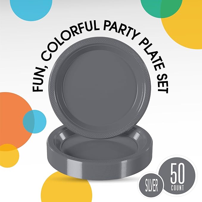 Exquisite Party Solids Silver Plastic Plates For Party Supplies 7" Silver Disposable Plates Heavy Duty 50 Pcs Plastic Dinnerware Sets Heavy Duty 350 GSM Disposable Dinnerware Set