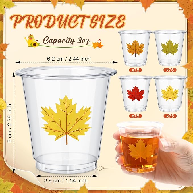 300 Pack 3 oz Thanksgiving Plastic Shot Glasses Thanksgiving Disposable Shot Cups Bulk Clear Mini Maple Leaf Tasting Cups for Autumn Fall Whiskey Party Favors Drinking Supplies