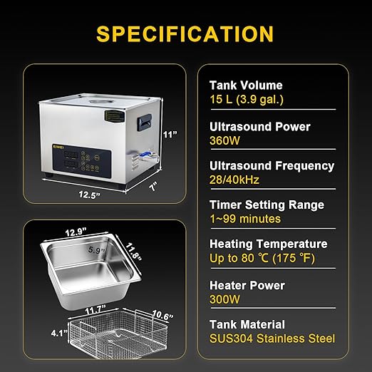 15L Ultrasonic Cleaner, One-Touch Cleaning, Heating, Dual-Frequency, Sweep Frequency, Touch Ultrasonic Cleaning Machine for Labs,Carburetor,Jewelry,Dentures,Automotive Parts