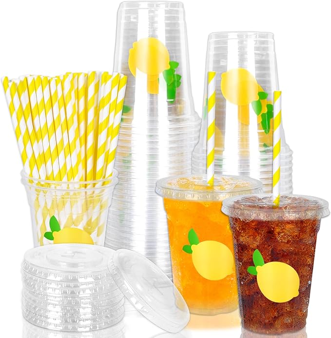 Whaline 50 Pcs Lemon Disposable Plastic Cups with Lids and Straws, 12 Oz | Yellow Summer Fruit, Cold Beverage Drinking Cups, for Birthday Baby Shower Party Supplies