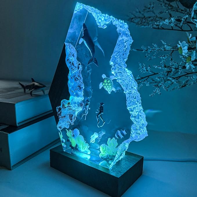 Shark Resin Lamp, Scuba Diving Resin Ocean Lamp,Handmade Shark Decor Bedside Nightlight with Wooden Base, RGB Mode,Unique Gifts for Valentine's Day, Mother's Day, Birhtday,Holiday (S 6"x4")