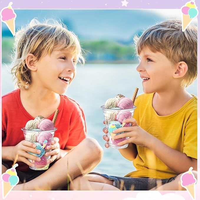 Uiifan 50 Pcs Ice Cream Party Supplies 12 oz Sprinkle Ice Cream Cups Bulk Summer Birthday Party Decorations Disposable Clear Plastic Drinking Cups for Sundae Milkshake Cold Food Soup Candies Summer