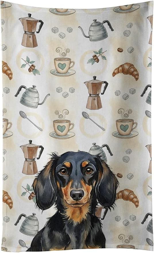 Caroline's Treasures Longhaired Black and Tan Dachshund Coffee Bar Kitchen Towel Velour Plush Front and Cotton Loop Back Machine Washable