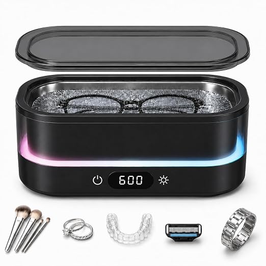 Ultrasonic Cleaner for Jewelry, Glasses & Retainers, 48kHz Sonic Cleaning Machine with LED Ambient Light, Digital Timer, Quiet Deep Cleaner for Rings, Dentures & Watches（Black）