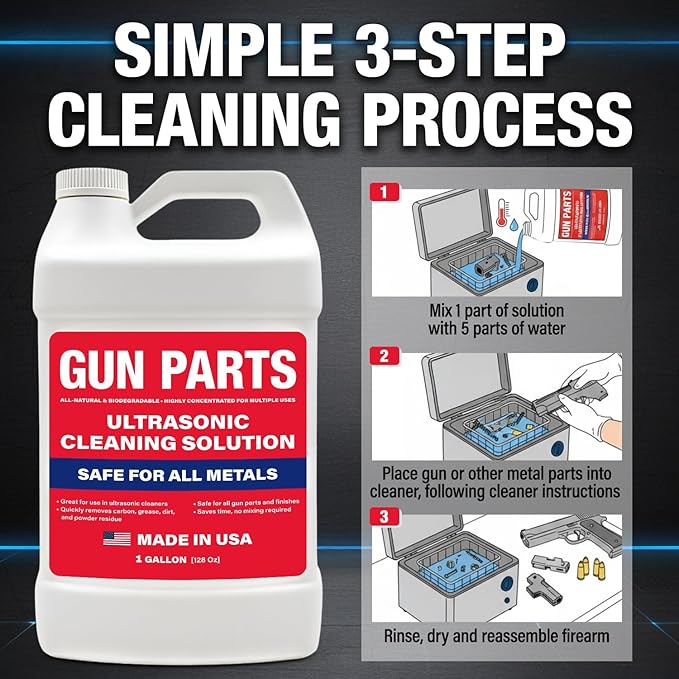 Ultrasonic Gun Cleaning Solution - 1 Gallon/128oz [Made in USA] Concentrated Formula Mixes into 8 Gallons - Firearm Cleaning Fluid for Brass & Gun Parts - for Ultrasonic Cleaner Use