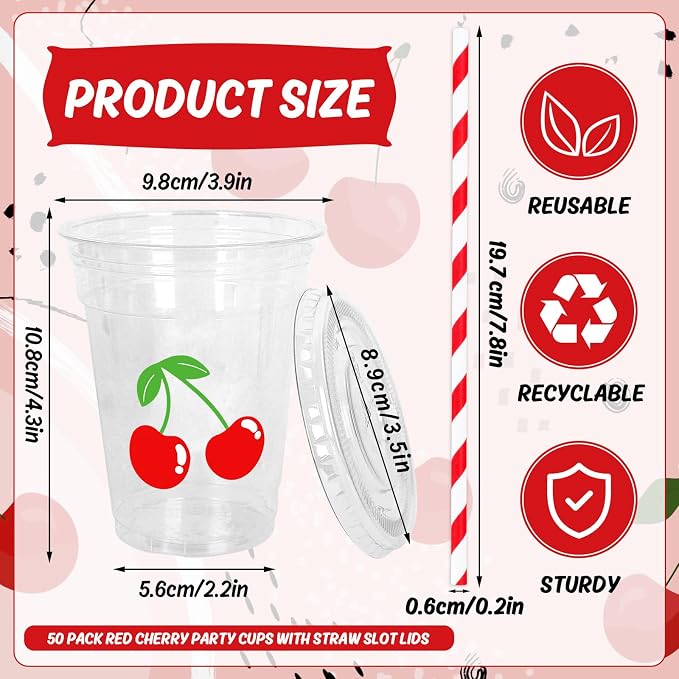 Whaline 50 Pcs 12 Oz Cherry Disposable Plastic Cups with Lids and Straws Cute Red Cherry Cold Beverage Drinking Cups Summer Cherries Party Cup for Bridal Engagement Birthday Baby Shower Party Supplies