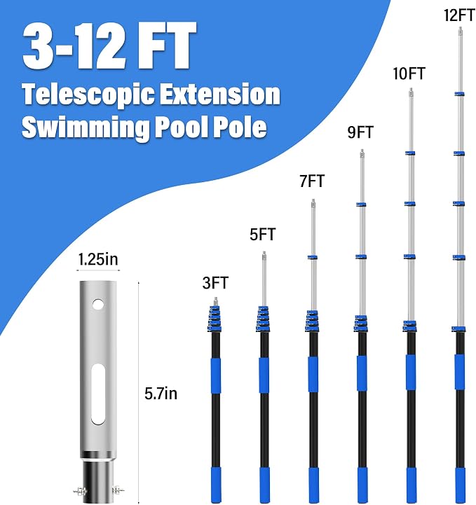 Pool Pole, 3-12FT Telescoping Swimming Pool Cleaning Pole, Upgraded Aluminum Extension Pole with Flip-Lock & Screw Lock for Pool Skimmer Net, Brush & Vacuum Head