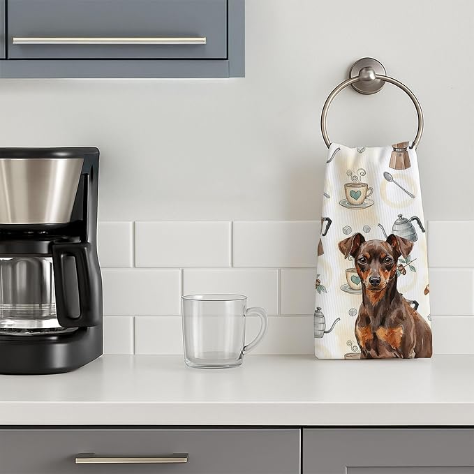 Caroline's Treasures Chocolate and Rust Miniature Pinscher Min Pin Coffee Bar Kitchen Towel Velour Plush Front and Cotton Loop Back Machine Washable