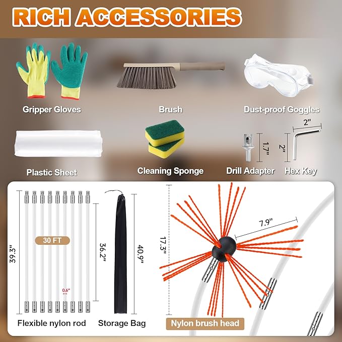 Bluesea 30 Feet Chimney Sweep Kit, Ergonomic Chimney Cleaning Kit, Extends Up to 30 Feet, Chimney Cleaner, Chimney Cleaning Tools, Chimney Cleaning System with Strong Brush, 9 Flexible Chimney Rods