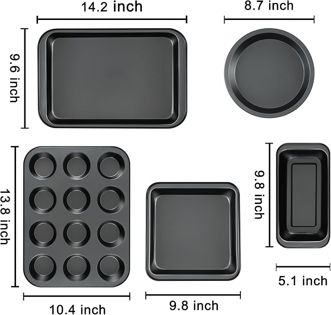 mobzio Kitchen 5-Piece Nonstick Bakeware Set - Round/Square Cake Pans, Muffin Pan, Loaf Pan, Roast Pan & Baking Sheets