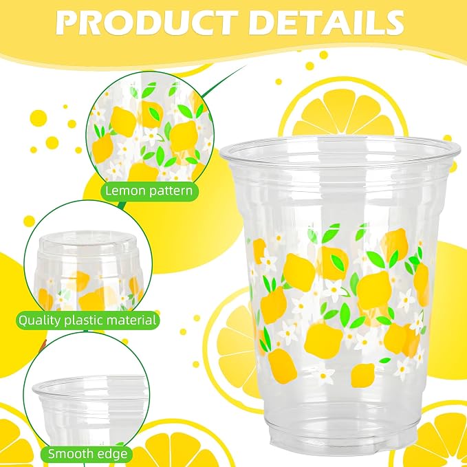 AimFun 50 Pcs Lemon Plastic Cups Summer 12 oz Disposable Party Clear Cups for Tropical Luau Party Hawaiian Theme Birthday Wedding Bridal Baby Shower Beverage Supplies